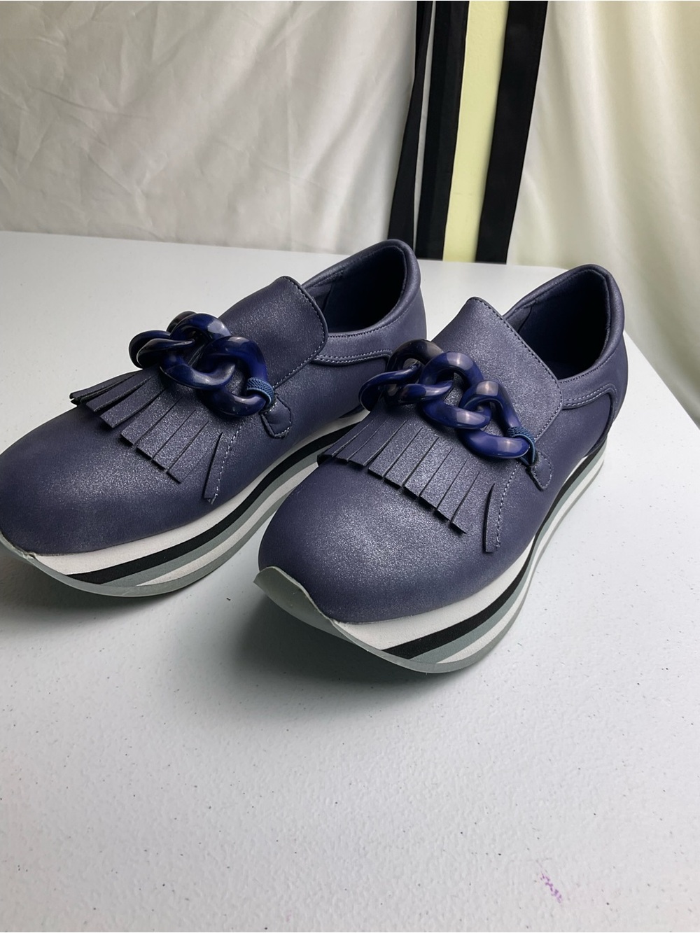 Coconuts by Matisse Navy Frost Fringe Chain-Accent Platform Loafers